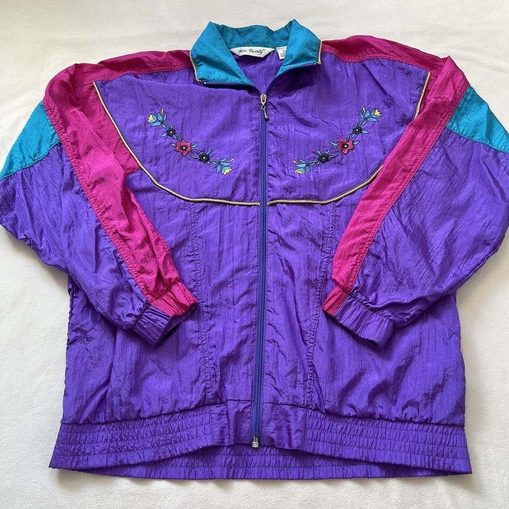 Vintage 80s 90s Women’s Small Nylon Windbreaker Embroidery Floral Purple Jacket